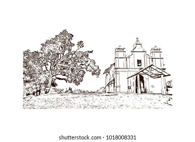 Old Goa, India. Hand drawn sketch illustration in vector.