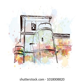 Old Goa, India. Watercolor splash with hand drawn sketch illustration in vector.