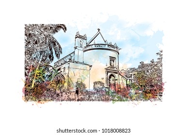 Old Goa, India. Watercolor splash with hand drawn sketch illustration in vector.