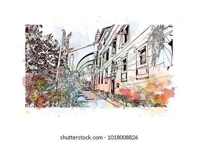 Old Goa, India. Watercolor splash with hand drawn sketch illustration in vector.