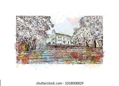 Old Goa, India. Watercolor splash with hand drawn sketch illustration in vector.