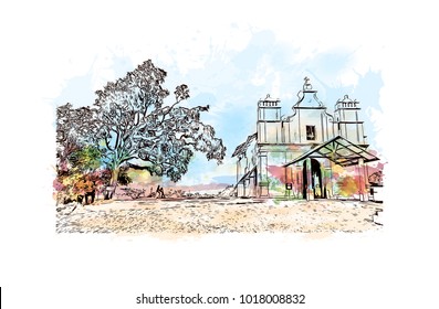 Old Goa, India. Watercolor splash with hand drawn sketch illustration in vector.