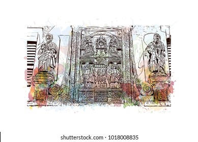 Old Goa, India. Watercolor splash with hand drawn sketch illustration in vector.