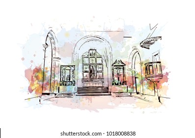 Old Goa, India. Watercolor splash with hand drawn sketch illustration in vector.