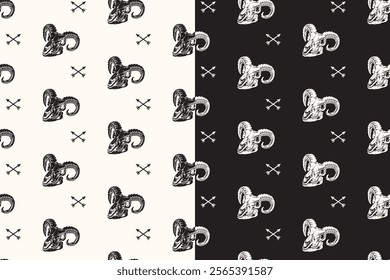 old goat skull bone seamless pattern on black white background for adventure merchandise.  retro curved horns with skull pattern background. pattern of animal skull with big horn vector background