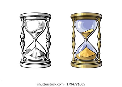 Old gold hourglass. Time concept. Ancient appliance for time measurement. Black and white and color variants. Hand drawn vector illustration.