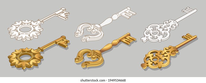 Old gold keys collection isolated on transparent background. Vector 3d set of vintage decorative golden keys for lock, house door or treasure. 3d shiny symbols of secret, security and privacy
