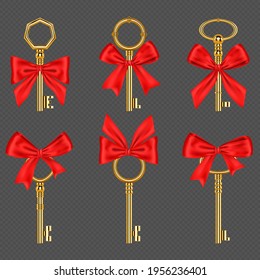 Old gold keys with tied red bow isolated on transparent background. Vector realistic set of vintage decorative golden keys with ribbon for gift for birthday or holiday. Concept of luxury presents - Powered by Shutterstock - Get 15% off with code: PIKWIZARD15