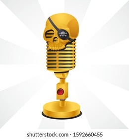 Old gold microphone and skull with headband on isolated background. Vector image esp 10