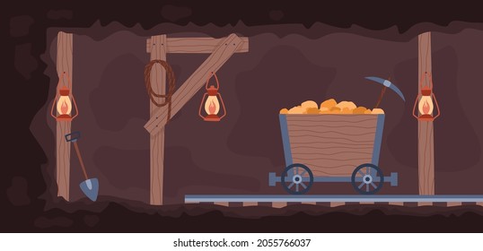 Old gold mine with cart full of gold nuggets and pickaxes, flat cartoon vector illustration. Gold mine background for games and digging treasures topic.