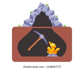 old gold mine. the pickaxe hits the gold ingot. flat vector illustration.