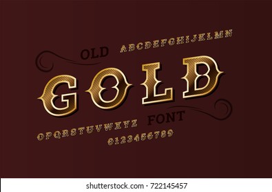 Old gold stylized alphabet, west glossy shining premium font.