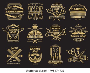 Old golden barbershop vector emblems and labels. Vintage male haircut signs illustration