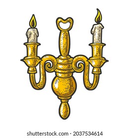 Old golden candelabrum candlestick color sketch engraving vector illustration. T-shirt apparel print design. Scratch board imitation. Black and white hand drawn image.