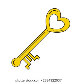 Old golden key from a bookcase, casket, or a door, with heart-shaped eye and intricately cut bit. Retro doodle style colored object, simple symbol with black outline. Flat design element