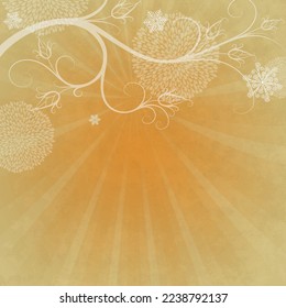 Old golden paper with a graceful branch and snow globes and raes. Postcard, frame, background. vector image