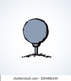 Old golfball location accessory on white backdrop. Freehand line black ink hand drawn object emblem sketchy in art retro scribble engraving style pen on paper. Close up detail view with space for text