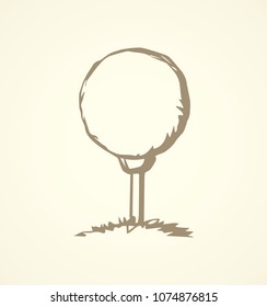 Old golfball location accessory on white backdrop. Freehand line black ink hand drawn object emblem sketchy in art retro scribble engraving style pen on paper. Close up detail view with space for text