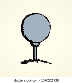 Old golfball location accessory on white backdrop. Freehand line black ink hand drawn object emblem sketchy in art retro scribble engraving style pen on paper. Close up detail view with space for text