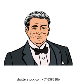 old good looking gentleman in black tie winking, vector image