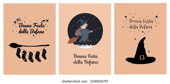 Old good Witch Befana tradition Christmas Epiphany character in Italy flying on broomstick . Bouna festa della befana greeting card, template set, collection 