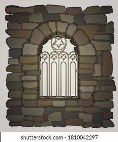 Old gothic window a stone wall. vector illustration