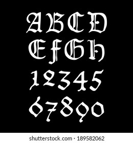 Old gothical handwritten numbers and letters, illustration