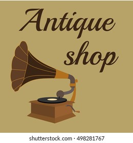 Old gramophone. Antique shop. Flat vector stock illustration. Gramophone sign, Gramophone icon, Gramophone illustration, Gramophone vector, Gramophone flat, Gramophone isolated