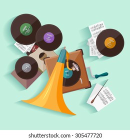 Old gramophone. Flat design.