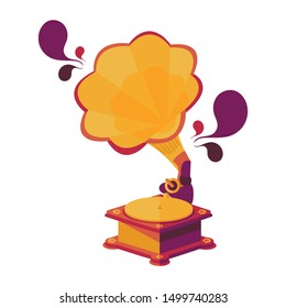 Old gramophone flat vector illustration. Retro sound device, vintage phonograph. Vinyl record player