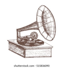 Old Gramophone Hand Draw Sketch Retro Design Style. Vector illustration of music vintage  Phonograph melody, popular record listen. Historic object