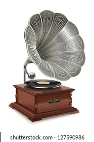 Old gramophone. Illustration of the good old music of the gramophone. First music on vinyl.