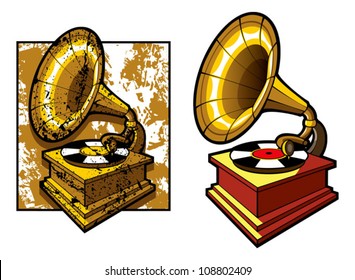 Old gramophone isolated and grunge background, vector illustration