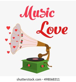 Old gramophone isolated. Music love. Flat vector stock illustration. Gramophone sign, Gramophone icon, Gramophone illustration, Gramophone vector, Gramophone flat, Gramophone isolated