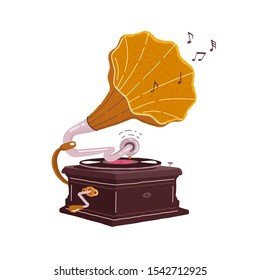 Old gramophone isolated on a white background. Vector flat illustration. Playing music. 