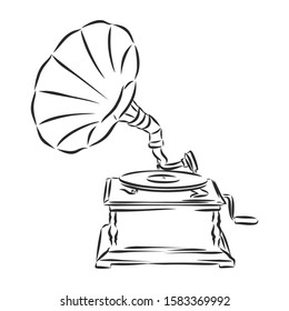 old gramophone, music player, vector sketch 