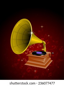 old gramophone on musical background. vector illustration
