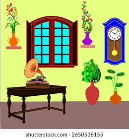 an old gramophone on the wood table near a open window.