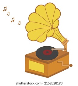 Old gramophone with record isolated on white background.Retro phonograph.Vintage concept.Antique brass record player.Music device.Sign, symbol, icon or logo.Cartoon vector illustration.Flat design.