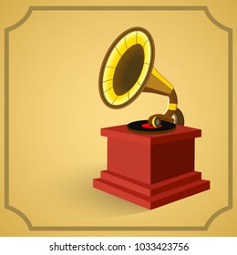 Old gramophone with record on brown background in retro style. Vector illustration for posters, covers and other design solutions.