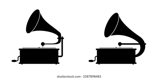 Old gramophone silhouette. Gramophone player. Grammy award logo or icon. LP and vinyl disks. Classic audio, sound player for listening to music. record player for music. Gramophones  sign.