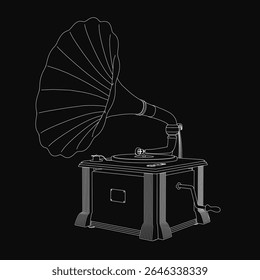Um velho gramofone se destaca contra um fundo preto sólido, capturado em preto e branco. A forma icônica, chifre grande e punho são proeminentemente destacados, evocando nostalgia vintage.