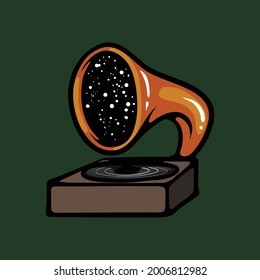 Old gramophone vector drawing. Music player illustration isolated on green background