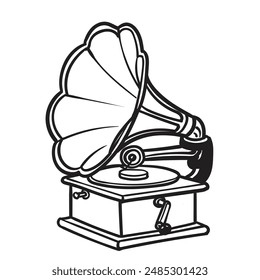 Old  gramophone vector outline , isolated object. children and adult coloring, black lines, white background