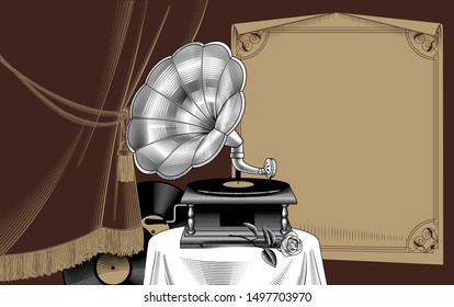 old gramophone with vinyl records and rose on the background of a curtain and a sheet of paper with a decorative frame. Vintage color engraving stylized 
drawing. Vector illustration