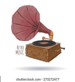 Old gramophone. Vinyl. Retro illustration. Watercolor. Hand drawn