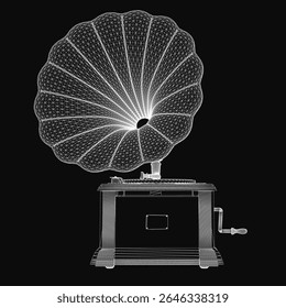Old gramophone in wireframe style stands out against a black background, evoking a classic and timeless aesthetic. The detailed turntable and vinyl record highlight vintage music nostalgia.