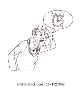 old grandfather with alarm clock in speech bubble vector illustration design