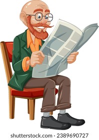 Old grandfather with bald head reading newspaper on vintage chair