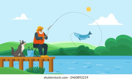 Antiguo abuelo pescador en el paisaje de verano del río. Hombre mayor con barba sentado en silla plegable en muelle de madera por el agua azul para atrapar peces con caña de pescar Ilustración vectorial de dibujos animados